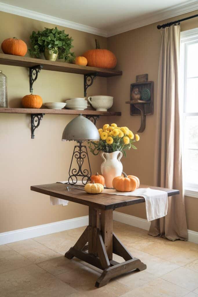 Cozy dining area featuring a rustic wooden table with a white table runner, adorned with decorative pumpkins and a vase of yellow flowers. Wall-mounted shelves display pumpkins, ceramic bowls, and a glass jar, complemented by soft beige walls and natural light from a nearby window.