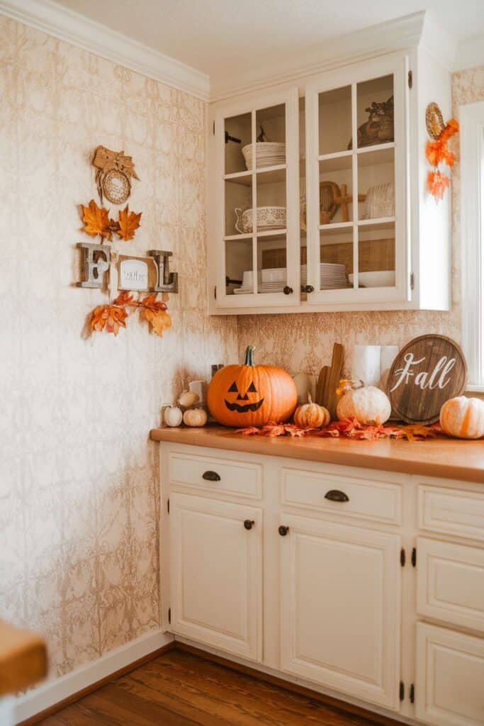 Cozy kitchen corner decorated for fall, featuring a carved pumpkin, assorted gourds, and autumn leaves on a wooden countertop. A glass-front cabinet displays white dishware, while a wall decoration spells "Fall" with wooden letters and colorful leaves.