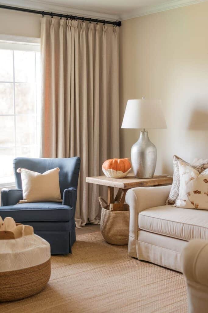 Cozy living room featuring light beige curtains, a blue armchair with a decorative pillow, a wooden side table with a silver lamp and a decorative pumpkin, and a cream-colored sofa with patterned cushions, all set on a woven rug.