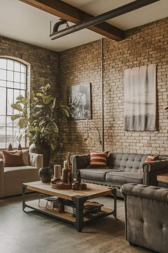 Cozy industrial-style living room featuring exposed brick walls, large windows, and stylish furnishings. The space includes a gray tufted sofa, a beige armchair, a wooden coffee table with decorative items, and a leafy plant for a touch of greenery. Art pieces adorn the walls, enhancing the aesthetic appeal of the room.