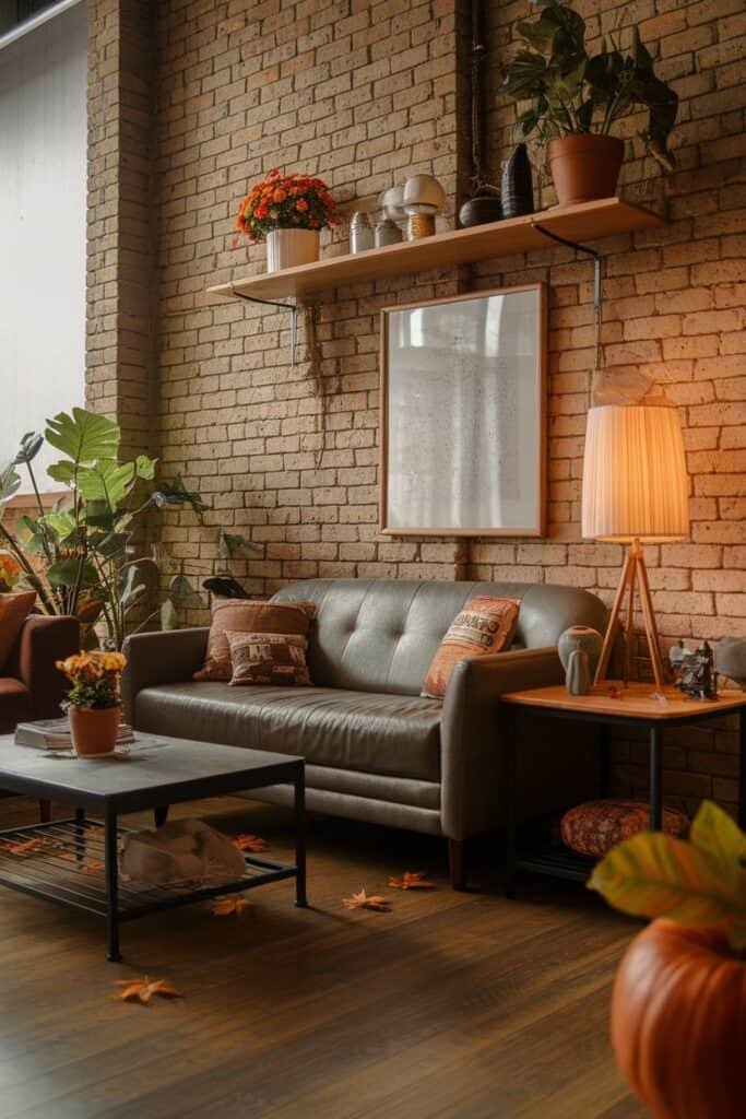 Cozy living room featuring a gray leather sofa with decorative pillows, a wooden coffee table, and a warm floor lamp. The space has a rustic brick wall, potted plants, and autumn leaves scattered on the floor, creating an inviting atmosphere.