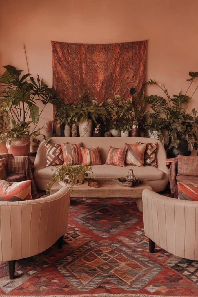 Cozy living room featuring a light beige sofa adorned with colorful patterned cushions, surrounded by stylish armchairs. Lush green plants in decorative pots enhance the warm atmosphere, while a vibrant woven tapestry hangs on the wall, adding texture. A wooden coffee table holds decorative items, complementing the patterned rug beneath.