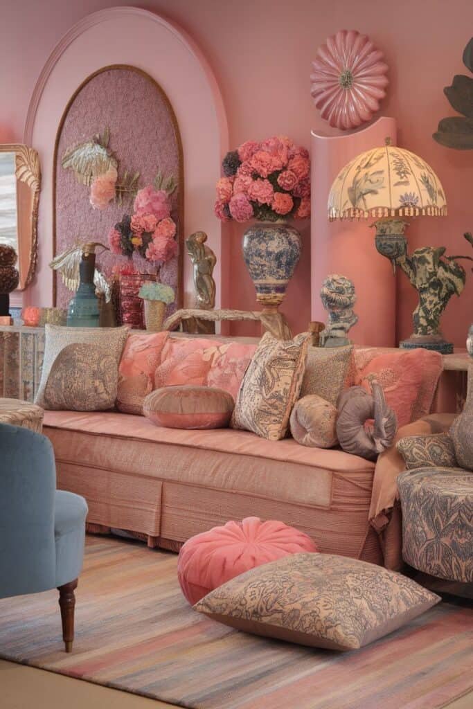 Cozy living room setup featuring a pink-themed sofa adorned with various patterned cushions, surrounded by decorative floral arrangements, vases, and unique sculptures. The warm color palette and textured elements create an inviting atmosphere, perfect for home decor inspiration.