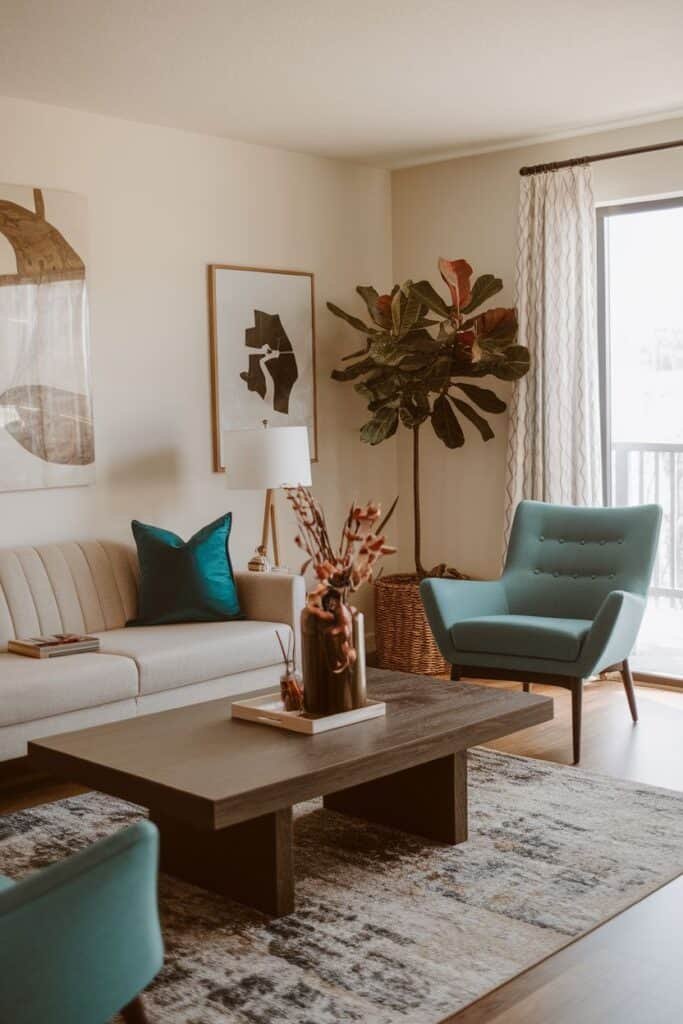 Modern living room interior featuring a beige sofa with a teal accent pillow, a stylish blue armchair, a wooden coffee table, and decorative plants. Natural light streams through large windows, complemented by elegant curtains and contemporary artwork on the walls.