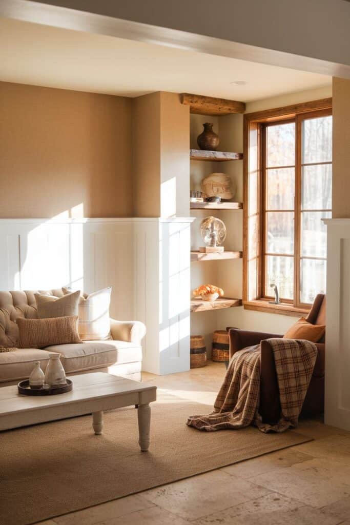 Cozy living room featuring a beige tufted sofa with decorative pillows, a rustic coffee table, and a warm throw blanket draped over a brown chair. Natural light streams through a large window, illuminating a shelf with decorative pottery and woven baskets, creating an inviting and serene atmosphere.