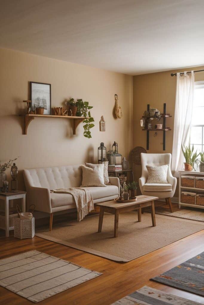 Cozy living room featuring a light-colored sofa and armchair, wooden coffee table, and decorative plants. The space is adorned with a wooden shelf displaying plants and decorative items, complemented by natural light from a window with sheer curtains. The floor is covered with textured rugs, enhancing the warm and inviting atmosphere.