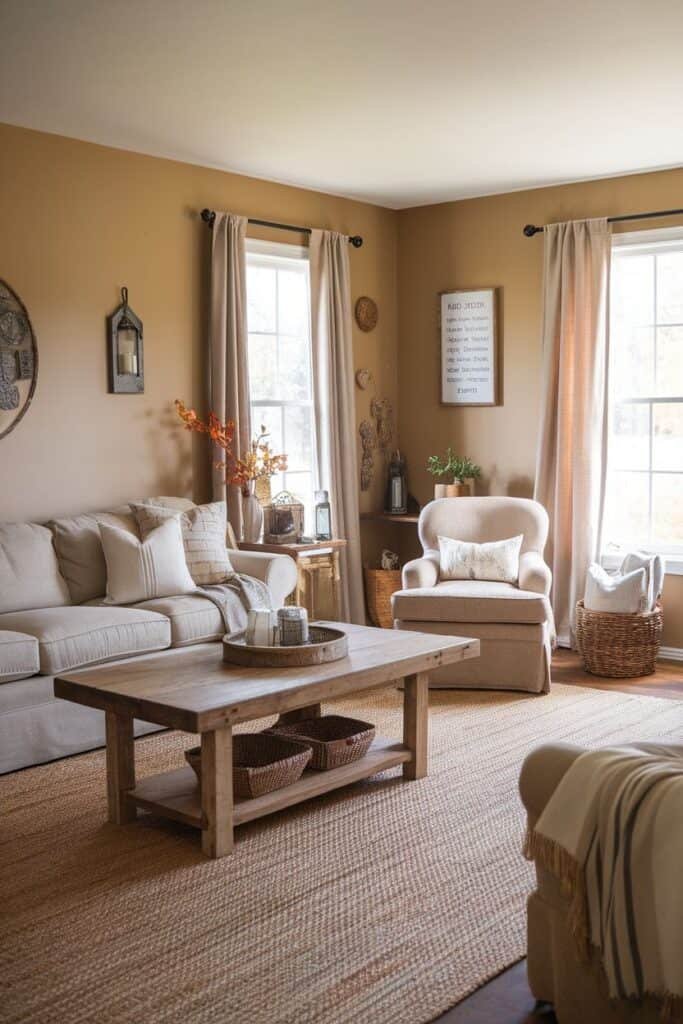 Cozy living room featuring a beige sofa with decorative pillows, a wooden coffee table with baskets, and a comfortable armchair. Natural light streams through large windows with beige curtains, enhancing the warm color palette of the walls. Decorative elements include a wall mirror, lanterns, and a potted plant, creating an inviting atmosphere.