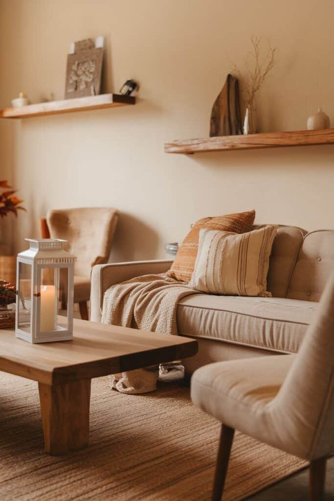 Cozy living room featuring a beige sofa with decorative pillows, a textured throw blanket, and a wooden coffee table with a lantern. Shelves in the background display minimalist decor, while warm lighting creates an inviting atmosphere.