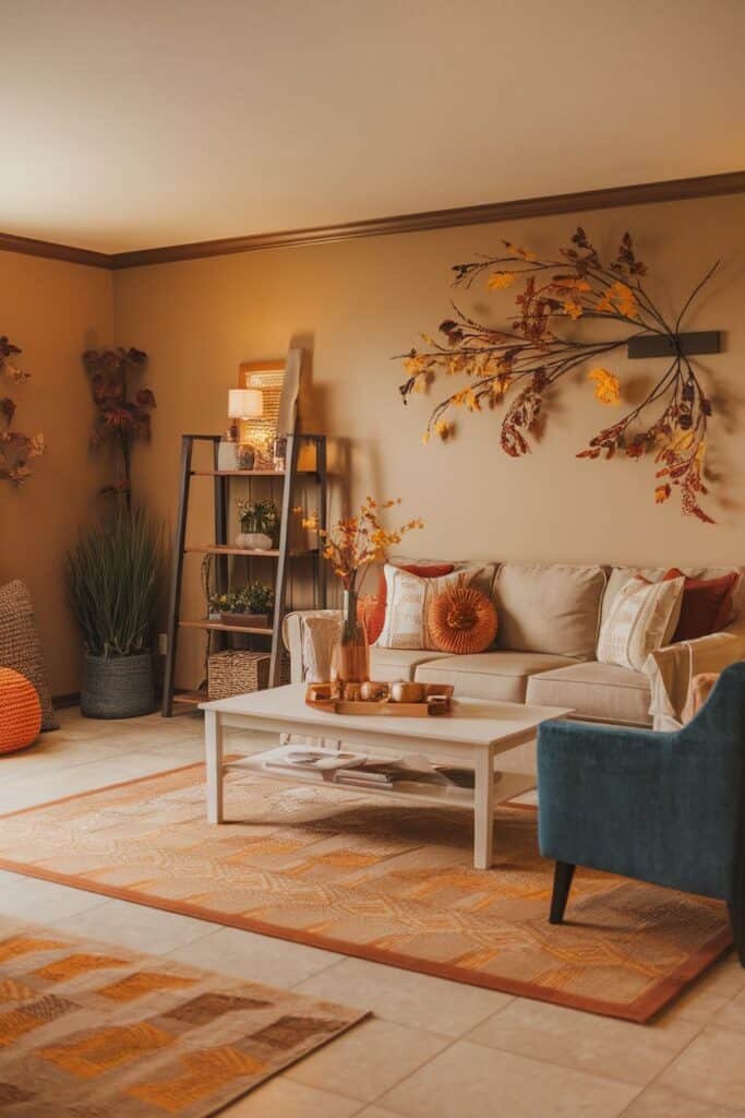 Cozy living room featuring a beige sofa with decorative pillows, a white coffee table with candles, and a stylish shelving unit with plants. The walls are adorned with autumn-themed decor and warm, earthy tones, creating a welcoming atmosphere. A patterned area rug adds texture to the space.