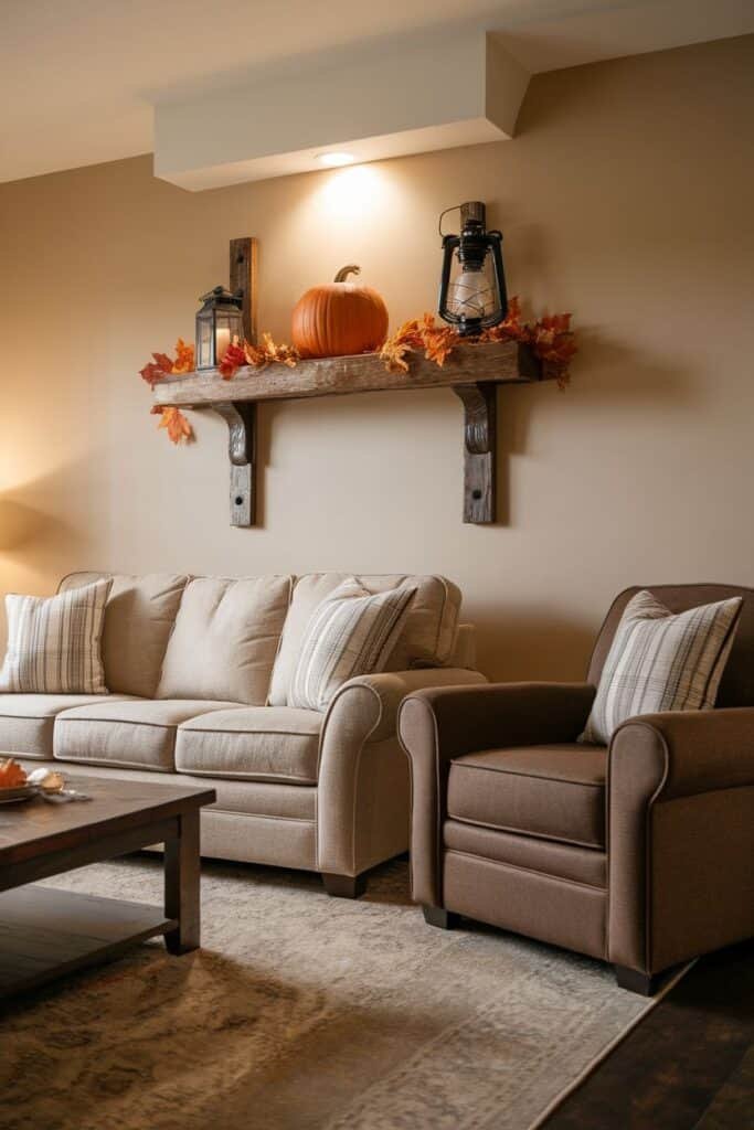 Cozy autumn living room featuring a beige sofa with decorative pillows, a brown armchair, and a rustic wooden shelf adorned with a pumpkin and fall leaves, creating a warm seasonal atmosphere.