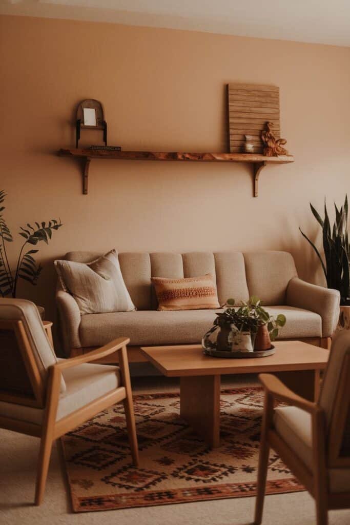 Cozy living room featuring a beige sofa with decorative pillows, a wooden coffee table, and a patterned area rug. The room includes a wall shelf with decorative items and plants, enhancing the warm, inviting atmosphere.