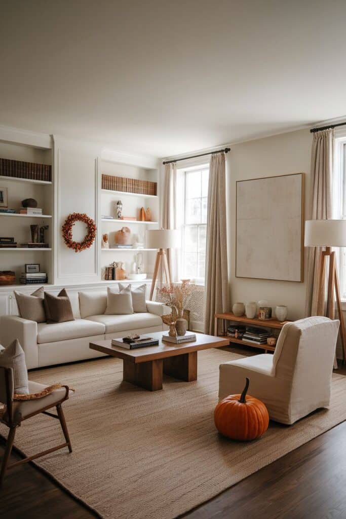 Cozy living room featuring a light-colored sofa with decorative pillows, a wooden coffee table, and a pumpkin accent. The space is adorned with bookshelves, elegant floor lamps, and warm curtains, creating a welcoming atmosphere. Natural light filters through large windows, enhancing the room's inviting design.