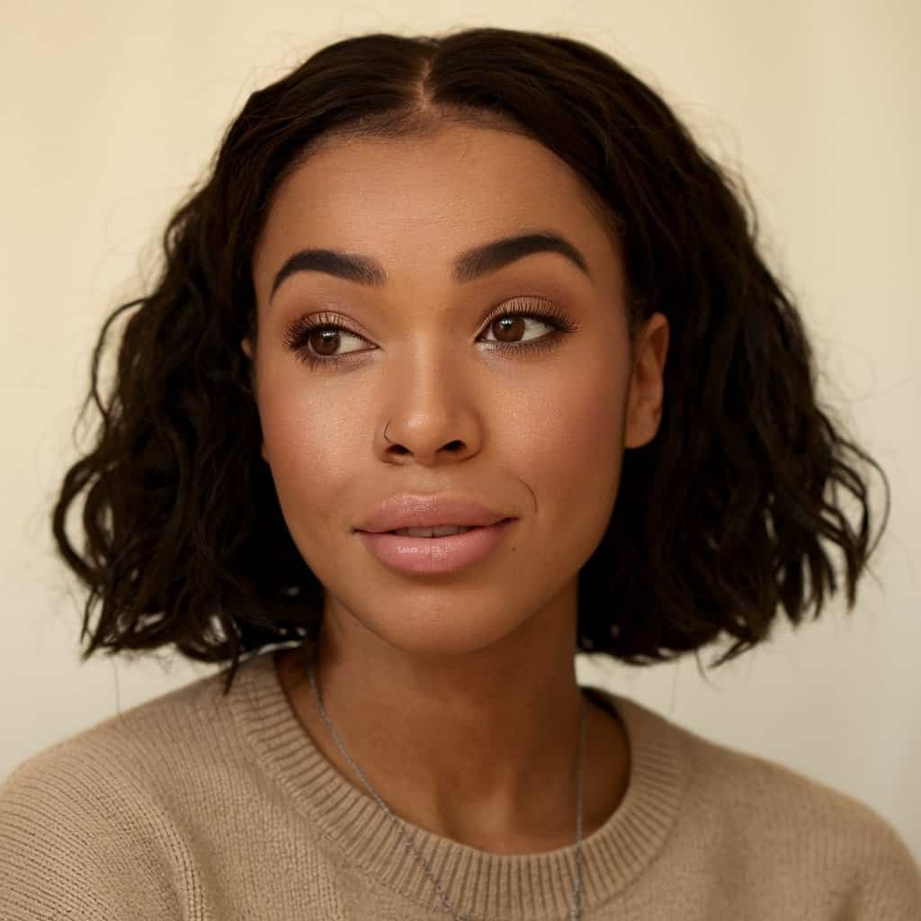 Portrait of a young woman with curly hair, wearing a neutral-toned sweater, looking thoughtfully to the side against a soft, light background.