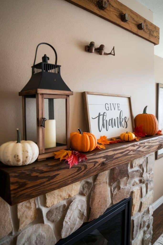 Autumn-themed fireplace mantel decorated with a lantern, white and orange pumpkins, colorful fall leaves, and a sign that reads "Give Thanks." The rustic wooden mantel contrasts with the stone fireplace below, creating a cozy seasonal atmosphere.