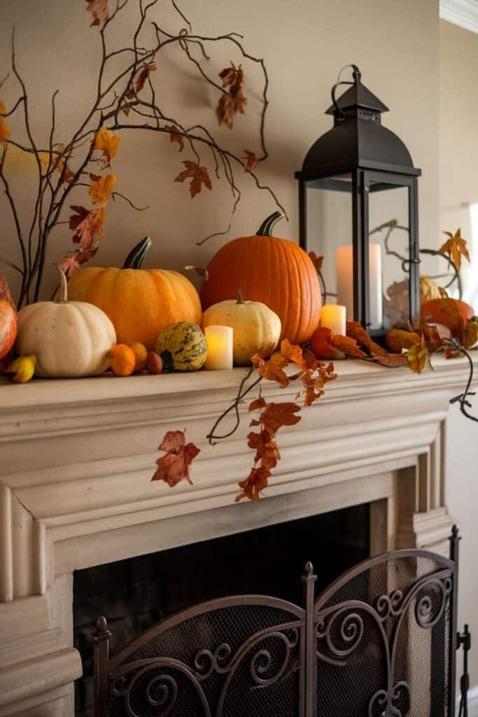 Autumn-themed fireplace mantel decorated with various pumpkins, gourds, and artificial leaves, complemented by a black lantern and flickering candles, creating a cozy seasonal ambiance.