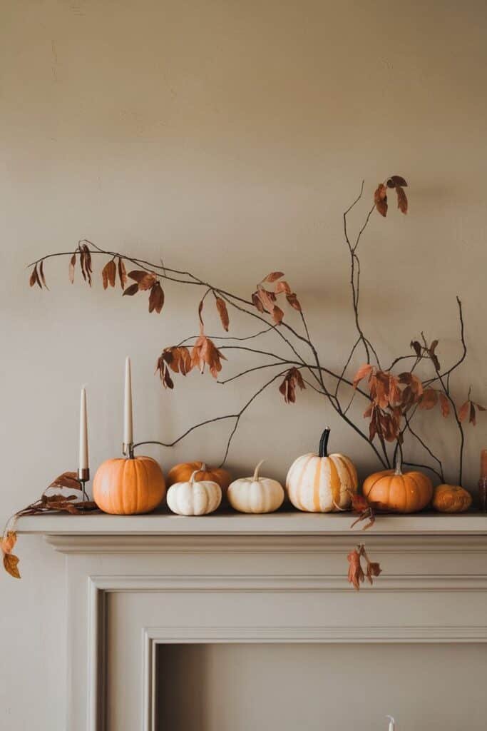 Fall-themed mantel decor featuring various pumpkins in shades of orange and white, complemented by dried leaves and two white candles, set against a soft beige wall.