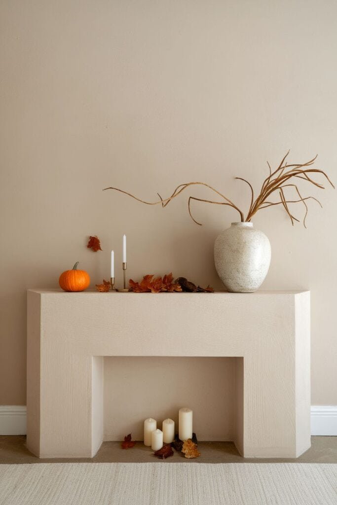 A minimalist fireplace mantel decorated for autumn, featuring a small orange pumpkin, two white candles in a gold holder, a textured ceramic vase with dried branches, and scattered colorful autumn leaves against a neutral beige wall.