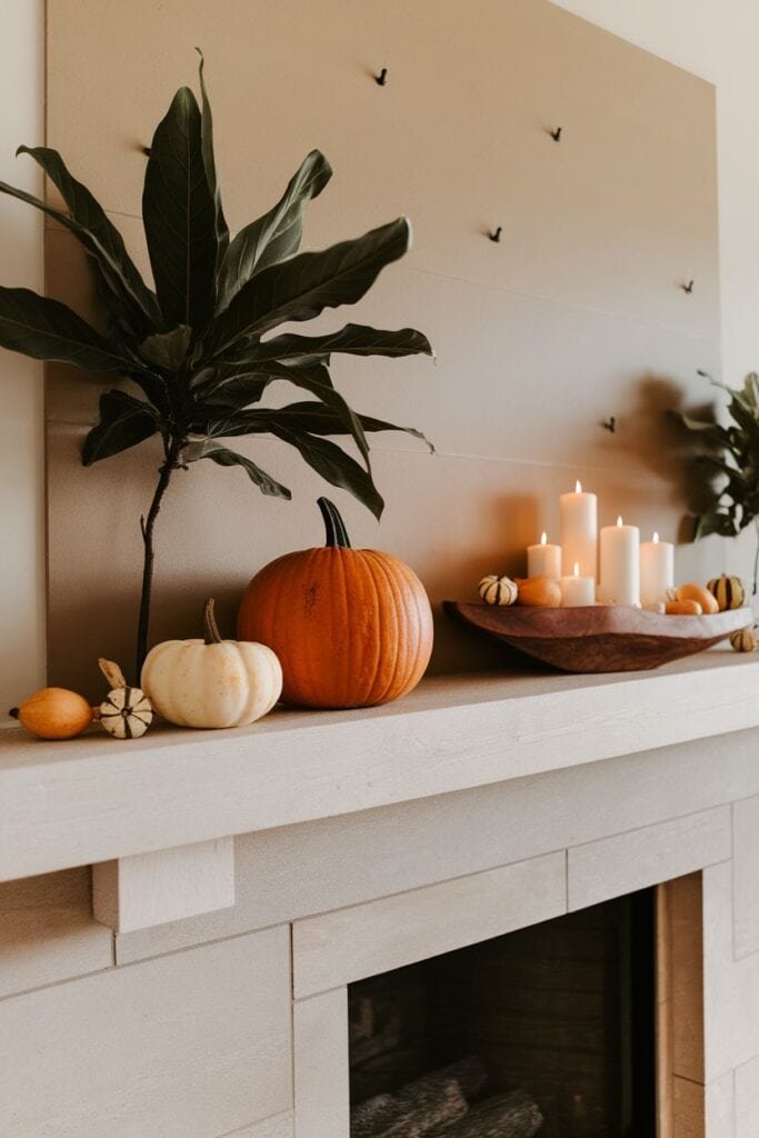 Cozy autumn fireplace mantel decorated with a large orange pumpkin, white pumpkins, and small gourds, alongside lit candles in a wooden bowl and green foliage, creating a warm seasonal atmosphere.