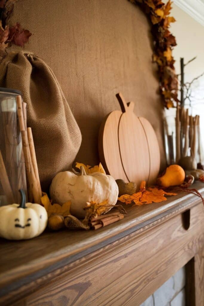 Autumn-themed mantel decoration featuring a wooden pumpkin, white and orange pumpkins, cinnamon sticks, and colorful fall leaves against a burlap backdrop.