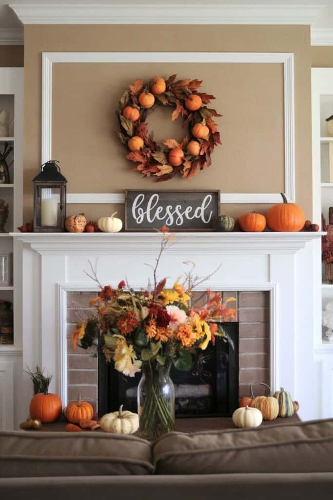 Cozy autumn living room decor featuring a fireplace adorned with a decorative pumpkin wreath, a sign that reads "blessed," and an array of pumpkins. A vibrant floral arrangement in a vase sits in front, complementing the warm seasonal tones.