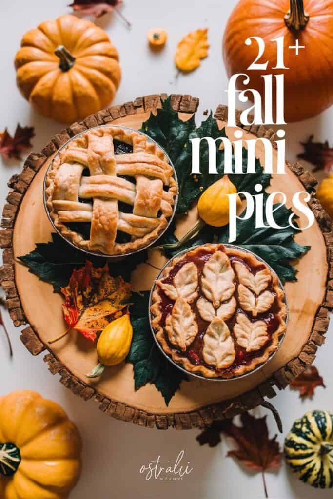 Two mini fall pies on a wooden platter surrounded by pumpkins and autumn leaves, featuring a lattice crust and a leaf-shaped topping. Ideal for seasonal gatherings and dessert inspiration.