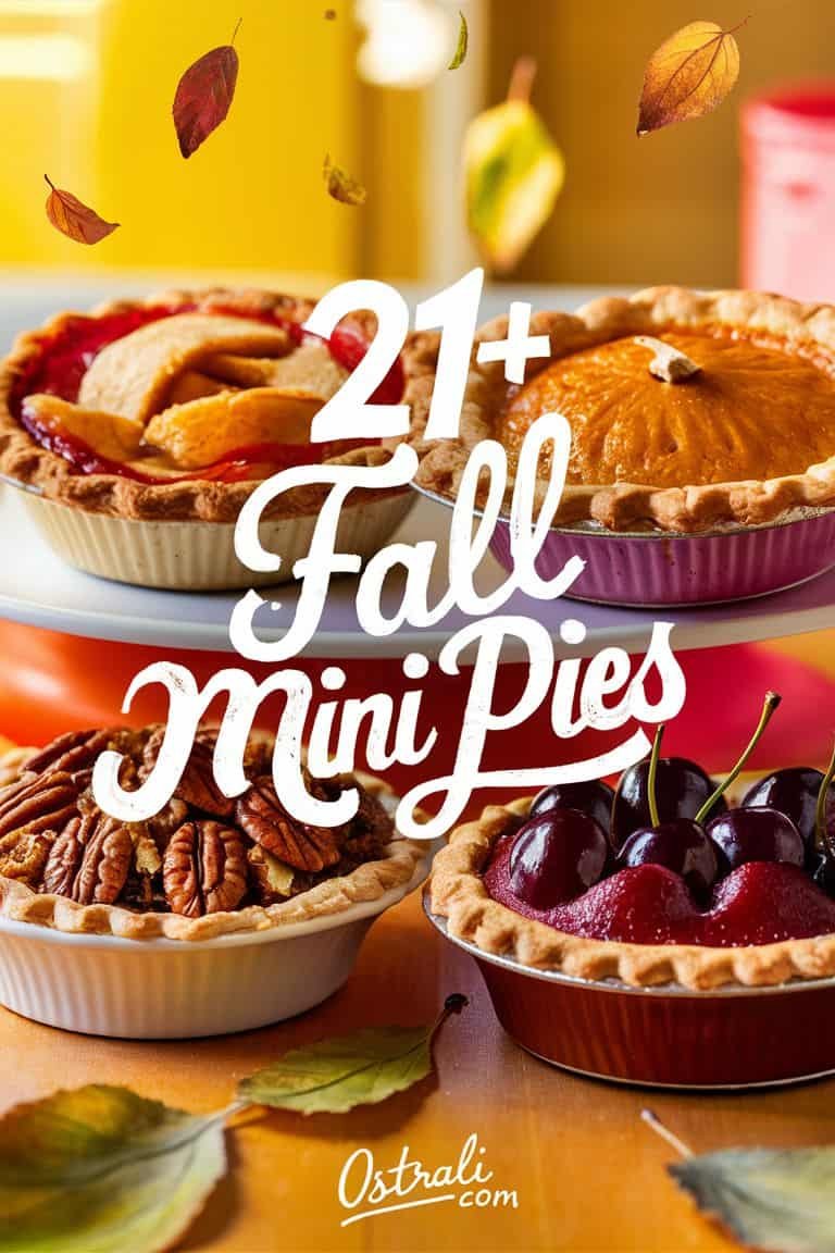 A display of three delicious mini pies for fall, featuring apple, pumpkin, and pecan flavors, surrounded by autumn leaves. The image promotes a collection of over 21 fall mini pie recipes.