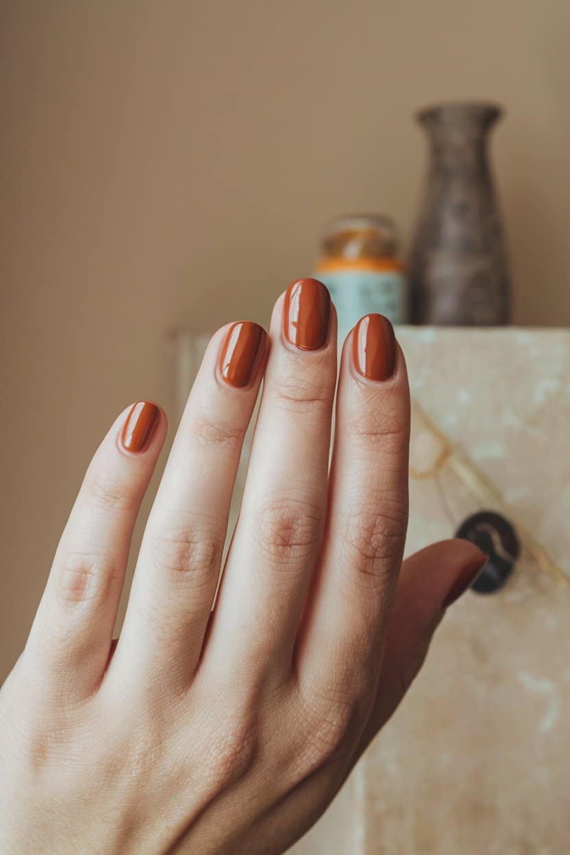 Close-up of a hand with neatly manicured, rust-colored nails, set against a softly lit background featuring decorative items.