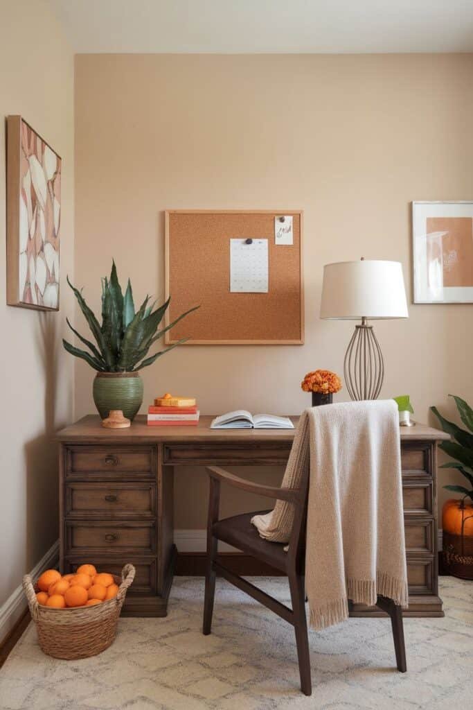 Cozy home office setup featuring a wooden desk with a book, decorative plants, a lamp, and a corkboard. A basket of oranges adds a pop of color, while a soft throw drapes over the chair, creating an inviting workspace.