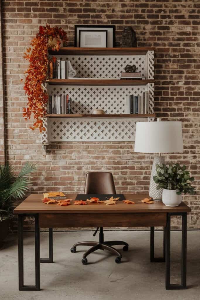 Cozy home office setup featuring a wooden desk with a brown chair, surrounded by autumn leaves, a potted plant, and a modern lamp. The backdrop includes a brick wall and a decorative shelf displaying books and decor items, creating a warm and inviting workspace.