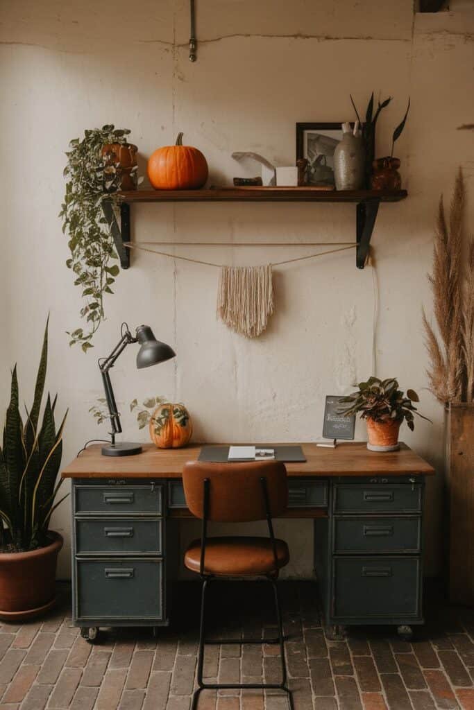 Cozy home office setup featuring a vintage wooden desk with a black desk lamp, a pumpkin centerpiece, potted plants, and a rustic shelf displaying decorative items. The warm ambiance is enhanced by natural light and earthy tones, creating an inviting workspace.