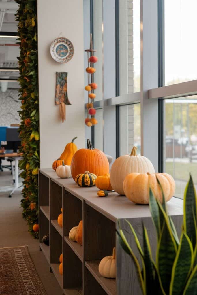 Autumn-themed office decor featuring a variety of pumpkins, including orange, white, and striped varieties, displayed on a wooden shelf next to large windows. Green foliage and decorative wall hangings enhance the seasonal ambiance.