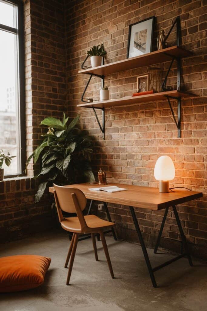 Cozy home office setup featuring a wooden desk, a comfortable chair, and a modern lamp, against a backdrop of exposed brick walls. Shelves adorned with plants and decorative items create an inviting atmosphere, complemented by a plush orange floor cushion.