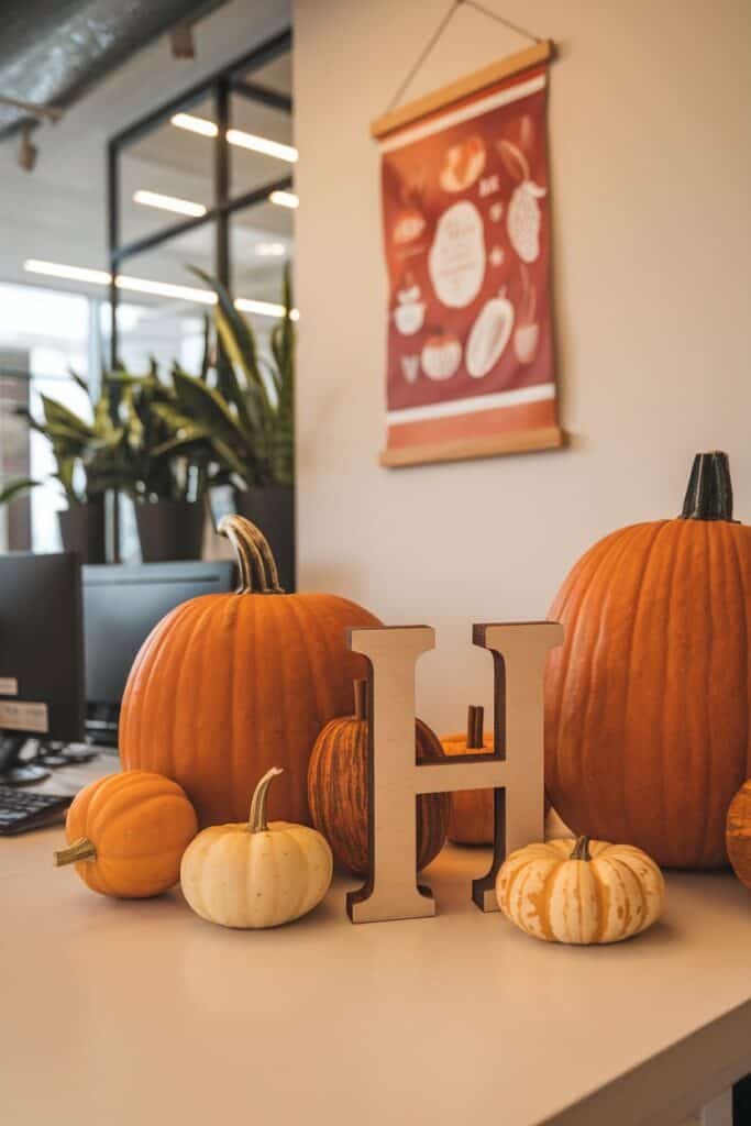 Autumn-themed office decor featuring various pumpkins, including large orange pumpkins and small white and striped gourds, arranged around a wooden letter 'H' on a white desk, with a plant backdrop and a seasonal poster in the background.