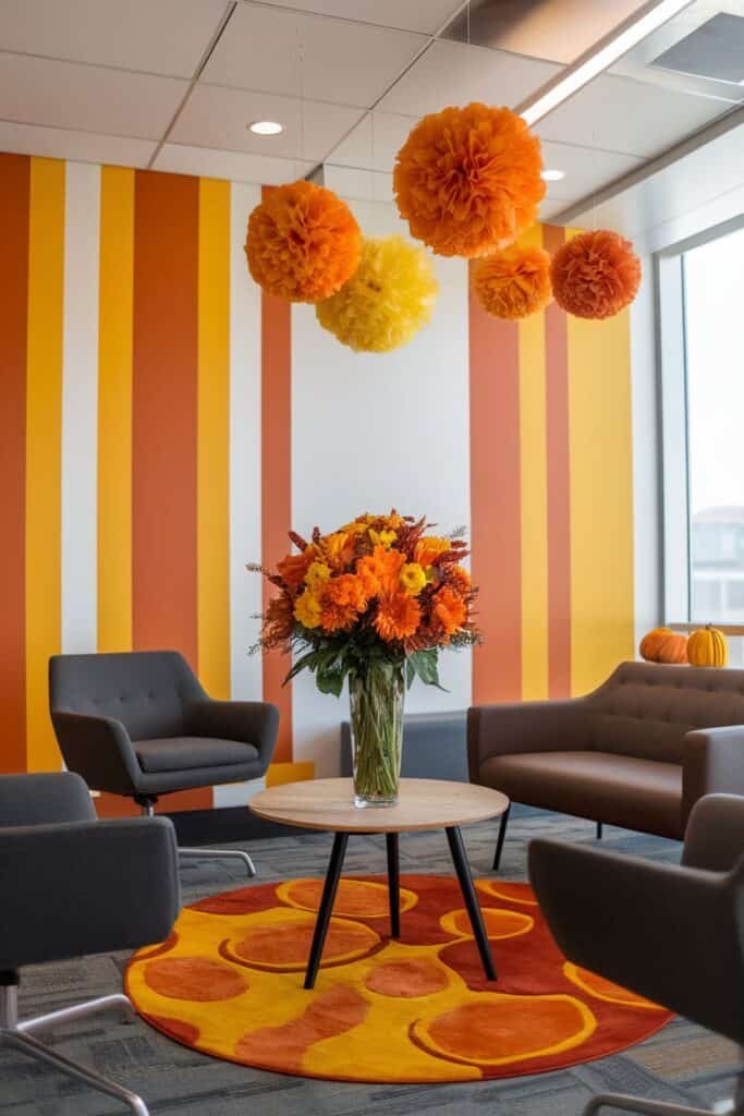 Modern office lounge featuring vibrant orange and yellow decor, a bouquet of orange flowers in a glass vase, and stylish seating arrangements on a colorful rug. Bright paper pom-poms hang from the ceiling, enhancing the warm atmosphere.