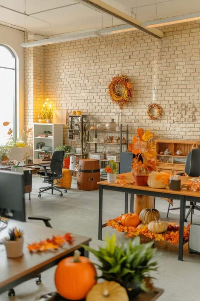 Cozy autumn-themed office interior featuring wooden desks adorned with pumpkins, colorful autumn leaves, and decorative plants. The brick wall is decorated with seasonal wreaths, while warm lighting creates an inviting atmosphere.