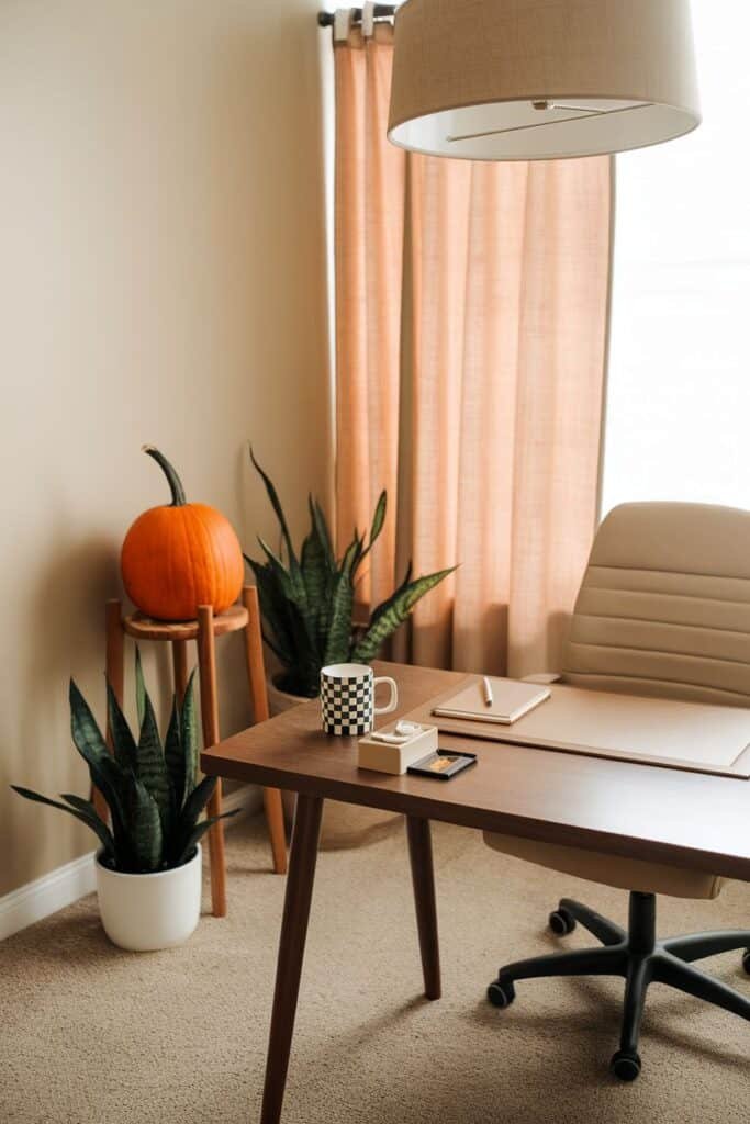 Cozy home office setup featuring a wooden desk with a checkered mug, notebook, and decorative items. A pumpkin adds a seasonal touch beside a potted plant, while warm curtains filter natural light. Ideal for a comfortable and inviting workspace.