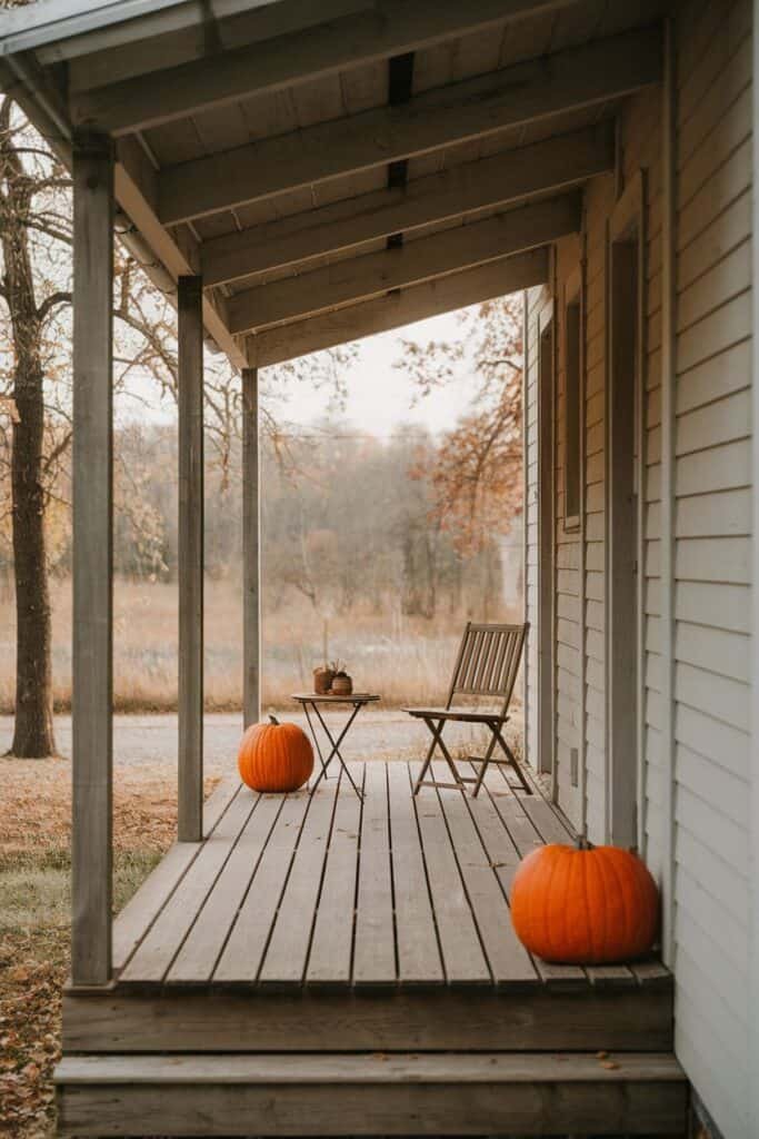 Cozy porch decorated for autumn with two bright orange pumpkins, a small table with decorative items, and a wooden chair, surrounded by fall foliage and a serene landscape.