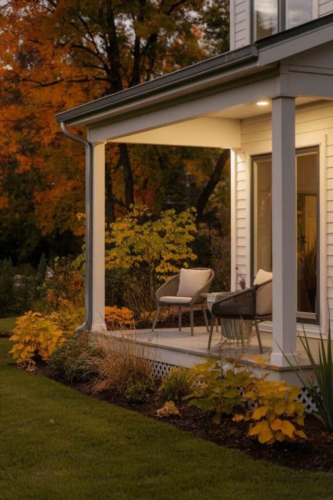 Cozy porch with two chairs and a small table, surrounded by vibrant autumn foliage and well-maintained landscaping, creating a warm and inviting outdoor space during sunset.