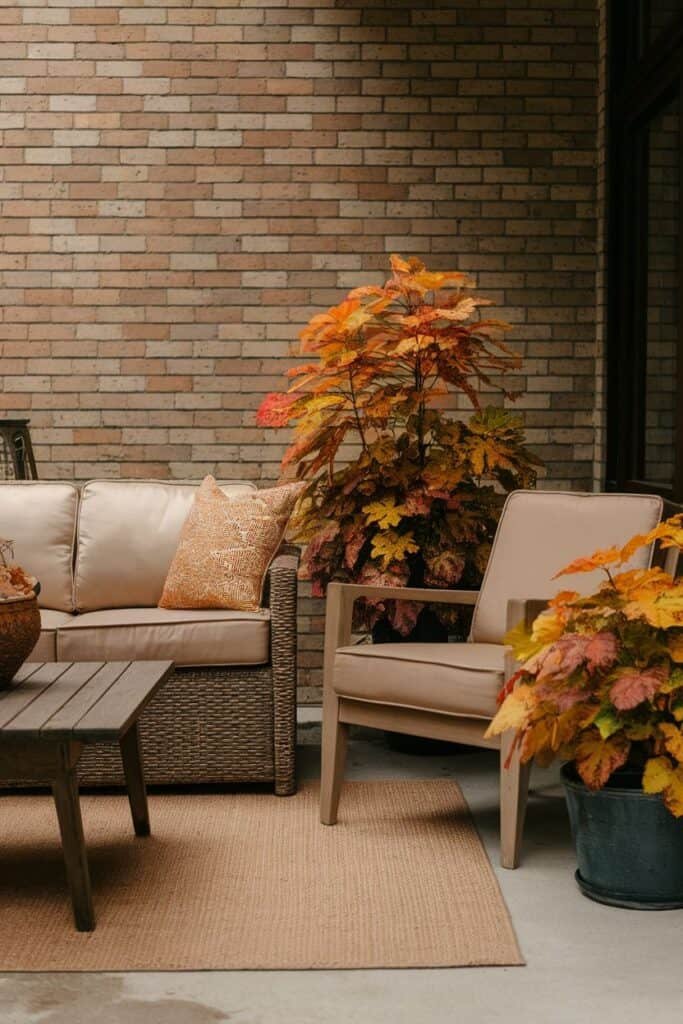 Cozy outdoor seating area featuring a beige wicker sofa with an orange patterned pillow, a wooden coffee table, and vibrant autumn foliage in pots against a textured brick wall.