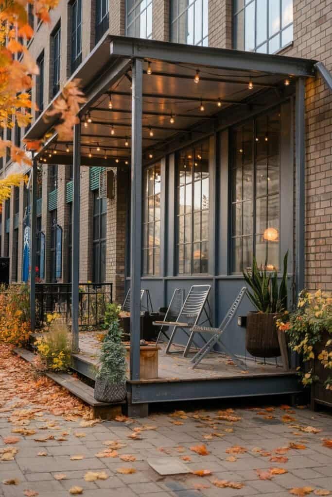 Cozy outdoor patio with modern seating and string lights, surrounded by autumn leaves and greenery, showcasing a welcoming atmosphere for relaxation.