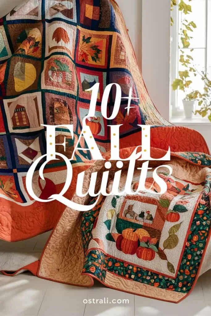 Colorful fall quilts displayed indoors, featuring autumn themes like pumpkins and leaves. Ideal for cozying up in the fall season, showcasing intricate designs and warm colors. Perfect for home decor inspiration.