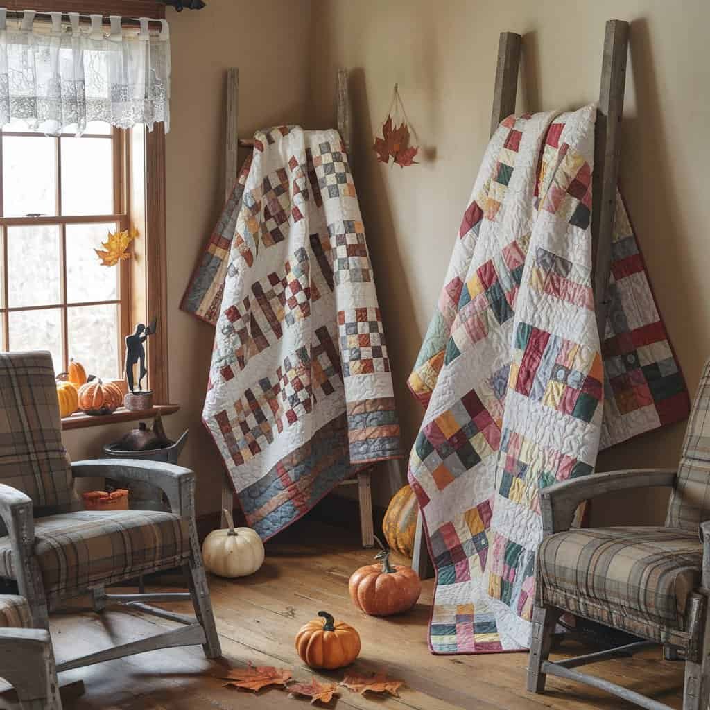 Cozy autumn-themed interior featuring quilts draped over ladders, rocking chairs, and decorative pumpkins, creating a warm and inviting atmosphere.