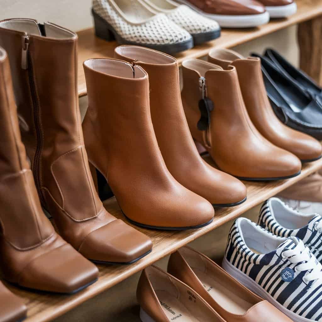 A display of various stylish footwear, including brown leather ankle boots, elegant heels, and casual sneakers, arranged neatly on wooden shelves in a retail setting.