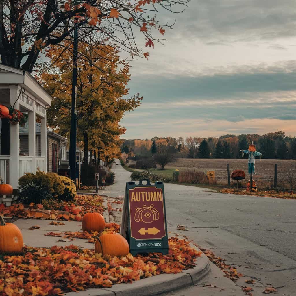 Autumn scene featuring a quaint roadside with colorful fall foliage, pumpkins, and a sign advertising seasonal activities, set against a cloudy sky and distant landscape.