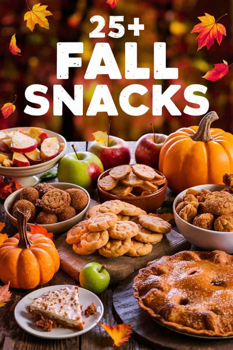 A vibrant display of 25+ fall snacks, featuring a variety of treats including cookies, pumpkin pie, apple slices, and seasonal decorations like pumpkins and autumn leaves. Perfect for autumn gatherings and celebrations.