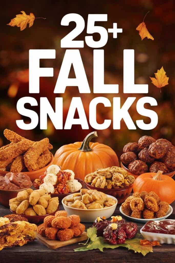 An assortment of 25+ fall snacks including pumpkin-themed treats, savory fried foods, and sweet desserts, arranged on a rustic wooden table with autumn leaves in the background.