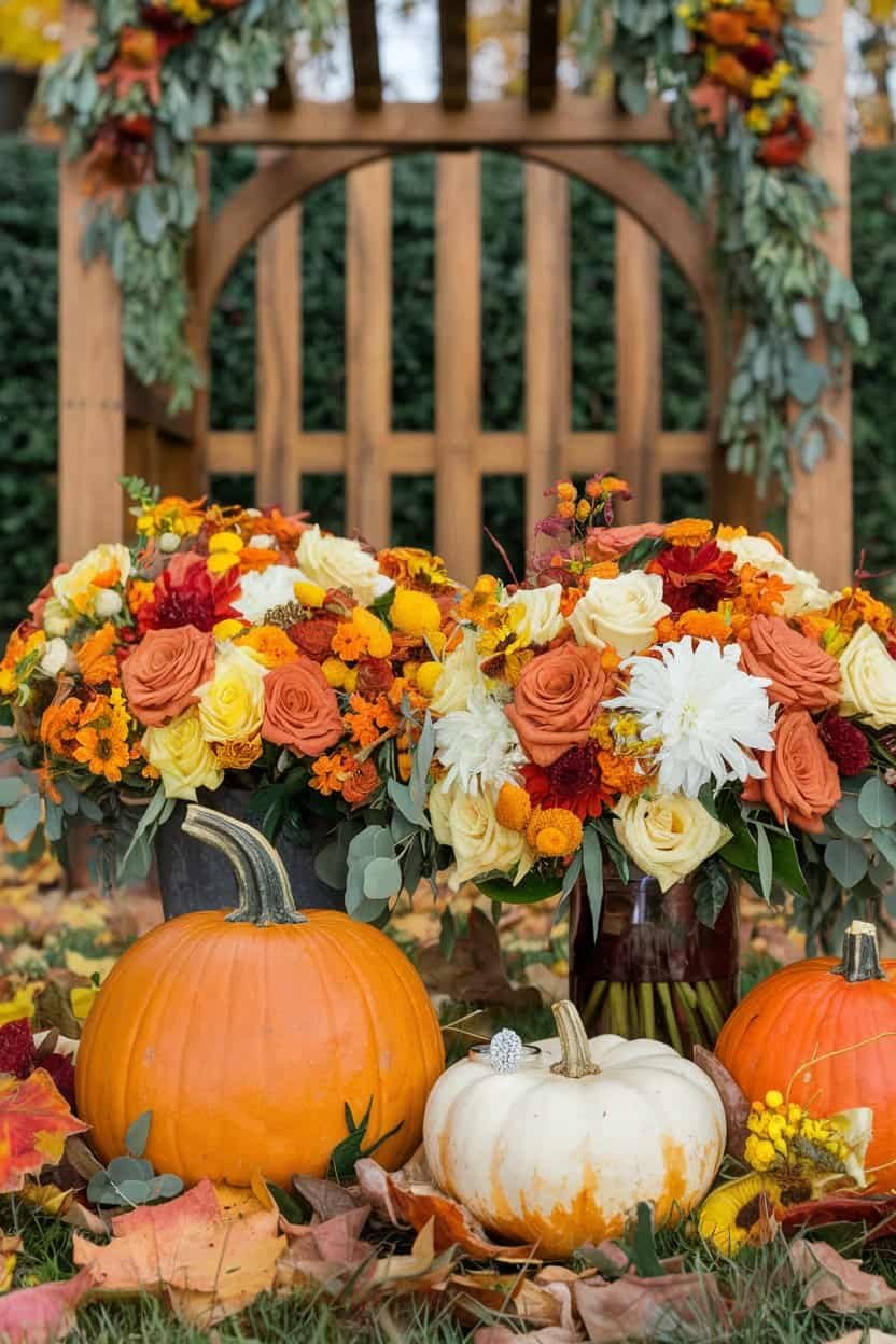 Fall-themed floral arrangement with vibrant orange, yellow, and white flowers in vases, accompanied by decorative pumpkins, set against a wooden backdrop.