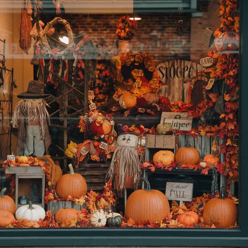 Autumn-themed storefront display featuring pumpkins, fall leaves, and seasonal decorations, capturing the essence of Halloween and Thanksgiving.