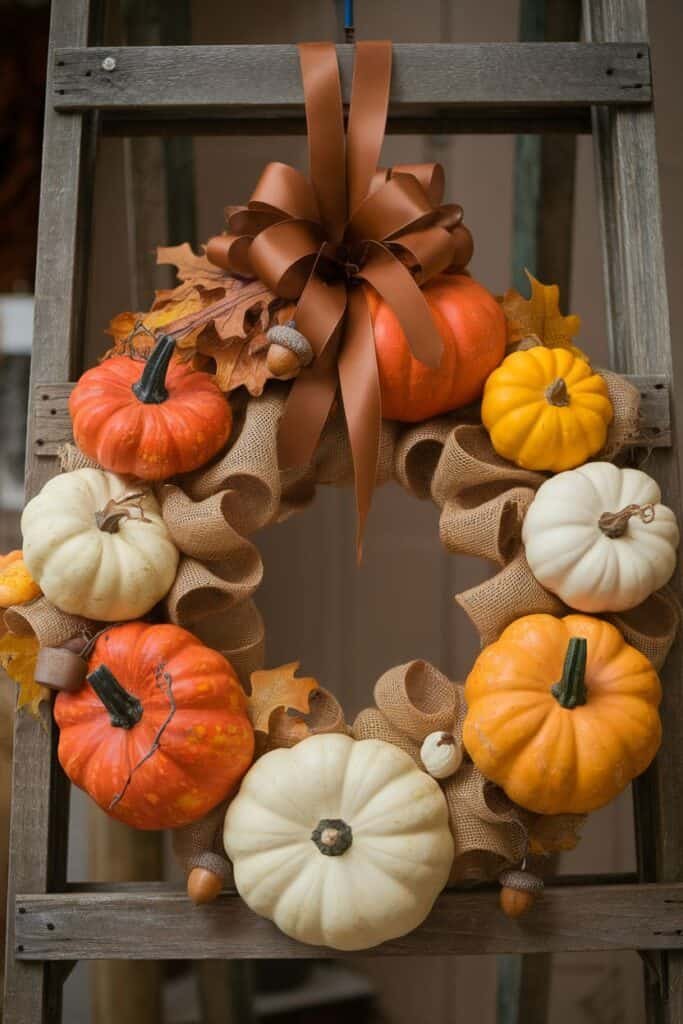 Autumn-themed wreath featuring a variety of decorative pumpkins in orange, white, and yellow, adorned with fall leaves and a brown ribbon bow, displayed on a rustic wooden ladder. Perfect for seasonal home decor.