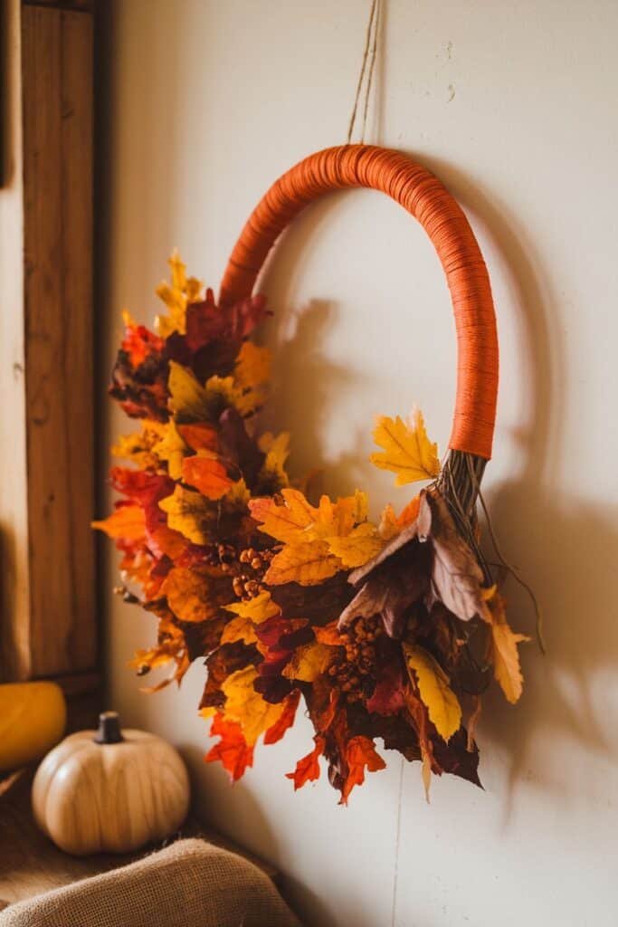 Autumn-themed wreath made of colorful artificial leaves in shades of orange, yellow, and red, displayed on a wall. The wreath features a textured orange wrapped hoop and is complemented by a small wooden pumpkin and burlap accents in the background, creating a cozy seasonal decor.